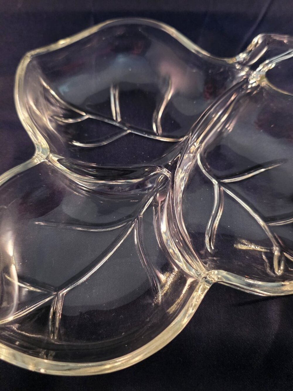 Hazel Atlas clear pressed glass leaf-shaped serving dish.